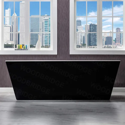Miniatura 4 de WOODBRIDGE Bañera de acrílico independiente de 67 pulgadas, bañera negra de remojo contemporáneo con desbordamiento y drenaje negro mate, BTA1812-MB
