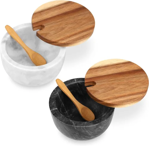 Miniatura 10 de Caja de Sal de Madera con Tapa de Mármol y Cuchara, Moderno Recipiente de Piedra Negra para Sal o Pimienta Azúcar Especias Condimentos, Contenedor