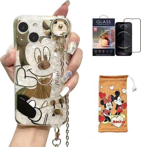 Miniatura 16 de Funda de dibujos animados para iPhone 7/8/SE de 4.7" con protector de pantalla HD, Mickey Mouse con correa de muñeca, soporte, cadena de metal