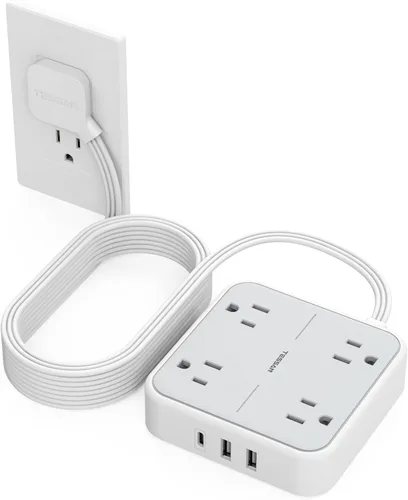 Miniatura 14 de TESSAN – Cable de extensión plano con protector de sobretensión de 10 pies, regleta de alimentación de enchufe plano con 4 salidas y 3 puertos USB