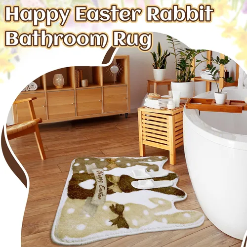 Miniatura 2 de Drydiet Alfombra de baño de conejo de Pascua, alfombra de baño retro de conejo, antideslizante, lavable, alfombra decorativa de bienvenida blanca