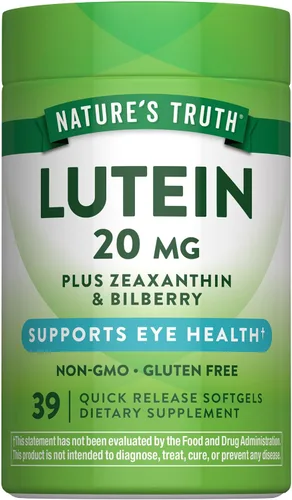 Suplemento de luteína y zeaxantina | 20 mg | 39 cápsulas blandas | con arándano | sin OMG y sin gluten | por Nature's Truth | Suplemento sin OMG y