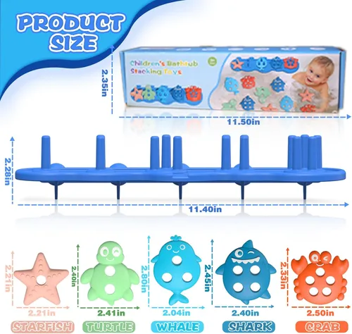 Miniatura 6 de Juguetes de baño para bebés, silicona de alta calidad, sin moho, para clasificar y apilar formas de animales del océano, juguetes de baño para niños