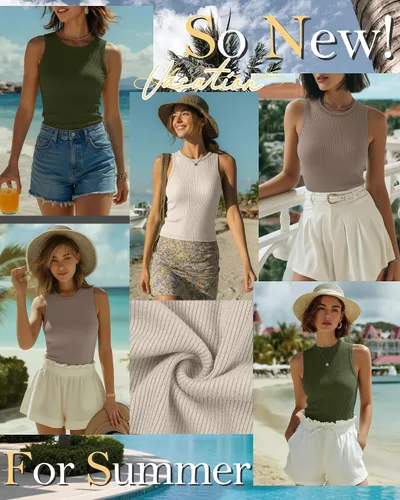 Miniatura 2 de Paquete de 3 camisetas sin mangas de algodón para mujer, de punto acanalado, casuales, básicas, de cuello redondo, ajustadas, de verano, con espalda