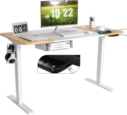Tangkula Escritorio eléctrico de pie ajustable de 55 x 28 pulgadas, escritorio de pie con panel de control y puerto USB, compartimento, diseño de