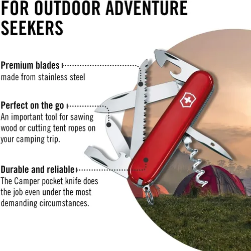Miniatura 8 de Victorinox Camper – Navaja de bolsillo del Ejército Suizo con 13 funciones, color rojo