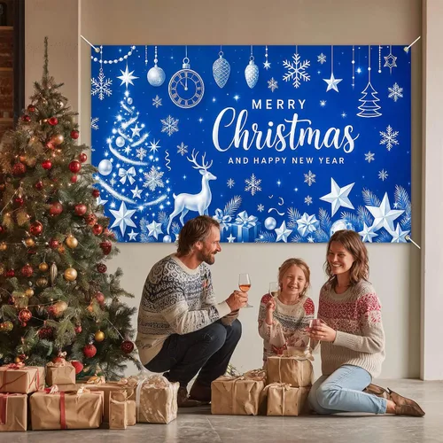 Miniatura 2 de HOMETITUTE Cartel de Navidad de 71 x 43 pulgadas, fondo azul de fotografía de invierno, copo de nieve, árbol de copo de nieve, fondo de fiesta