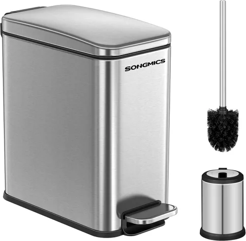 Miniatura 21 de SONGMICS Basurero de baño, 1.3 galones (5 L) pequeño con tapa, delgado para espacios pequeños, cubo de basura de acero inoxidable, cierre suave