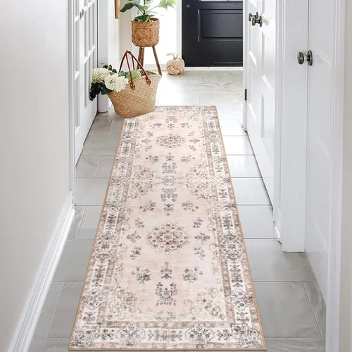 Lahome Alfombra de pasillo rosa de 2 pies 6 pulgadas x 8 pies para pasillo, alfombra europea con estampado floral vintage lavable para cocina, baño,