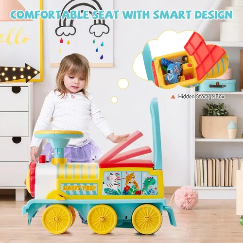 Miniatura 3 de GLACER Tren de paseo con 16 pistas para niños, juguete eléctrico con luces y sonidos, caja de almacenamiento debajo del asiento y pedales Azul