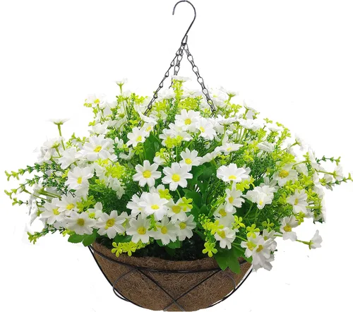 Miniatura 6 de Flores colgantes artificiales con cesta, flores de margaritas falsas en cestas colgantes forradas de coco de 12 pulgadas para la decoración
