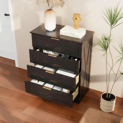 Miniatura 5 de FTZxHKLX Cómoda moderna de 4 cajones para dormitorio, cómoda alta con cajón grande y asas de oro rosa, organizador de almacenamiento de madera, Negro