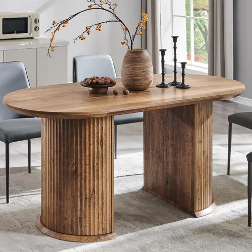 Miniatura 10 de T4TREAM Mesa de comedor ovalada acanalada de 63 pulgadas para 4-6, mesa de cocina moderna de mediados de siglo con borde grueso y base