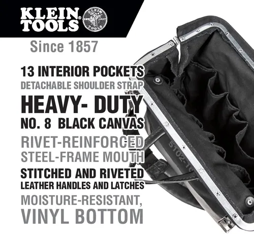 Miniatura 2 de Bolsa de herramientas Klein Tools 510216SPBLK, bolsa de tela deluxe de 16 pulgadas y organizador grande con 13 bolsillos y correa para el hombro