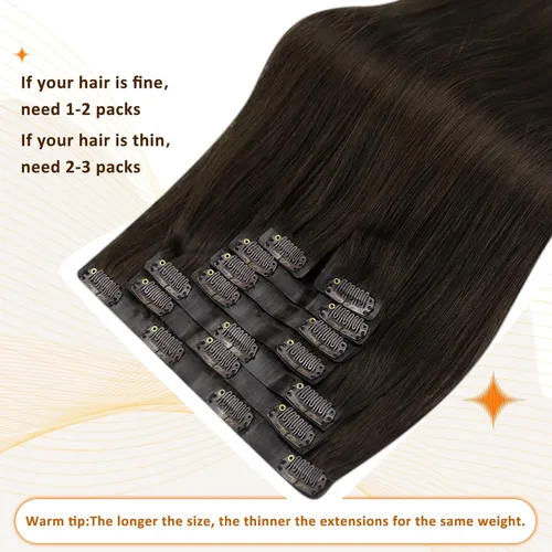 Miniatura 8 de Full Shine Extensiones de cabello humano con clip, sin costuras, color marrón oscuro, 18 pulgadas, con clip, invisible, trama de poliuretano