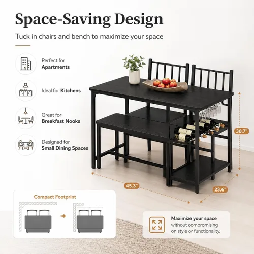 Miniatura 3 de 4 EVER WINNER Juego de mesa de comedor negra para 4 personas con banco, juego de mesa de cocina y sillas de 55 pulgadas con estante para vino