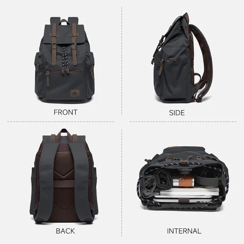 Miniatura 2 de MOYYI Mochila de lona para hombre para laptop de 13 a 17.3 pulgadas, mochila vintage duradera con ribete de cuero para uso diario, universidad