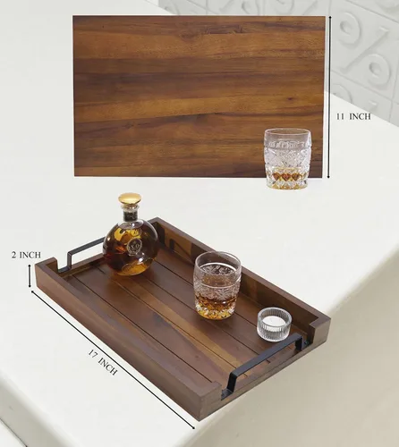 Miniatura 2 de Bandeja de madera de acacia de 17 x 11 pulgadas con mango de hierro negro. Bandeja decorativa para café, whisky, bandeja de madera para cocina, sala