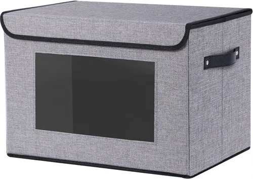 Cesta de almacenamiento de tela con tapa, organizador decorativo de lino para armario, caja de almacenamiento de 15 x 9.8 x 9.8 pulgadas con asas,