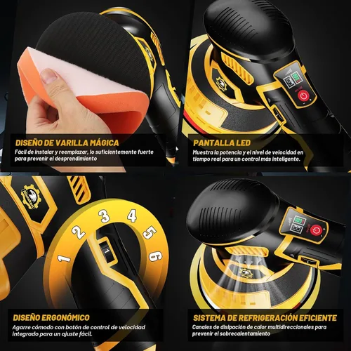 Miniatura 8 de Kit de pulidor inalámbrico para automóvil [2 baterías de 2000 mAh 21 V y 18 accesorios] Diseño orbital de 6 velocidades, pantalla LED, herramienta