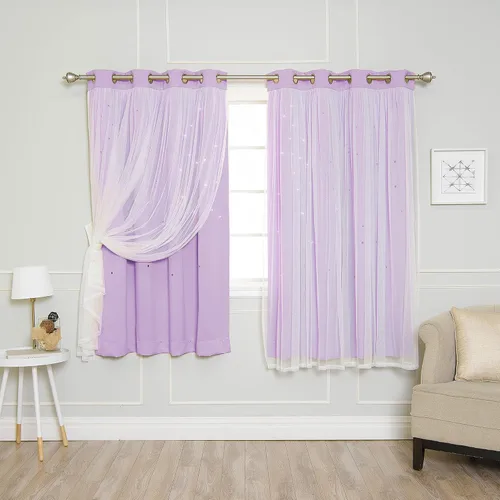 Miniatura 14 de Best Home Fashion Par de cortinas opacas con revestimiento de tul y corte láser, paneles de ventana con ojales plateados para dormitorio, habitación