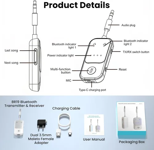 Miniatura 8 de Receptor transmisor Bluetooth 5.2, adaptador de audio adaptativo Qualcomm aptX, adaptador auxiliar inalámbrico 2 en 1 de 0.138 in para TV, avión