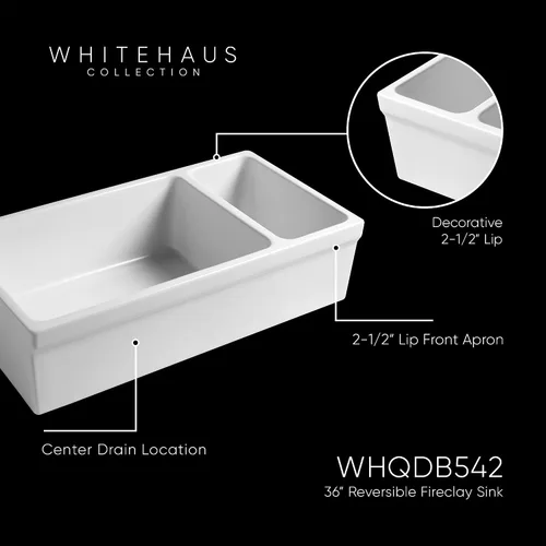 Miniatura 2 de Whitehaus WHQDB542-WH Farmhaus - Fregadero reversible de arcilla refractaria de 36 pulgadas, color blanco