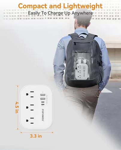 Miniatura 4 de Adaptador de enchufe europeo, regleta de alimentación de viaje UE/Reino Unido/EE. UU. con 3 salidas y 4 puertos USB (3.4A), adaptador de corriente