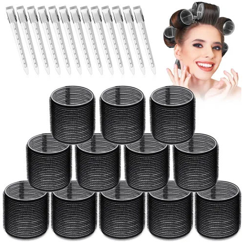 Juego de rodillos grandes para el cabello, 24 piezas con 12 rodillos jumbo y 12 clips para volumen de cabello largo y grueso (negro)