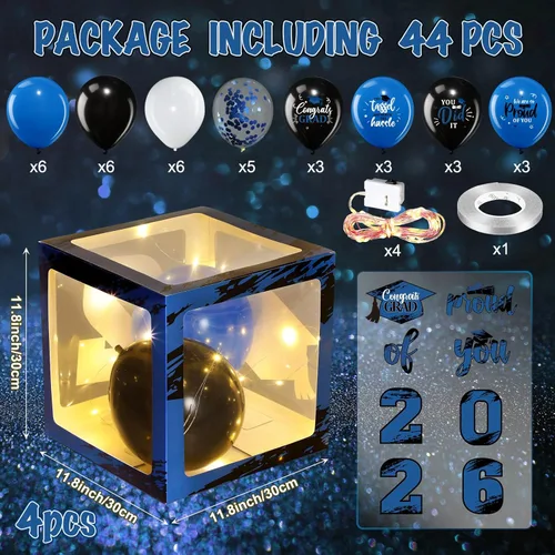 Miniatura 2 de Woanger 44 piezas de decoración de caja de graduación 2026 – Juego de cajas de fiesta de graduación de felicitaciones con cuerdas de luz LED y Azul