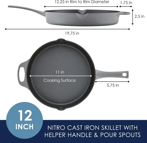 Miniatura 2 de Rachael Ray NITRO Sartén de Hierro Fundido con Mango Auxiliar y Picos Vertedores, 12 Pulgadas, Gris