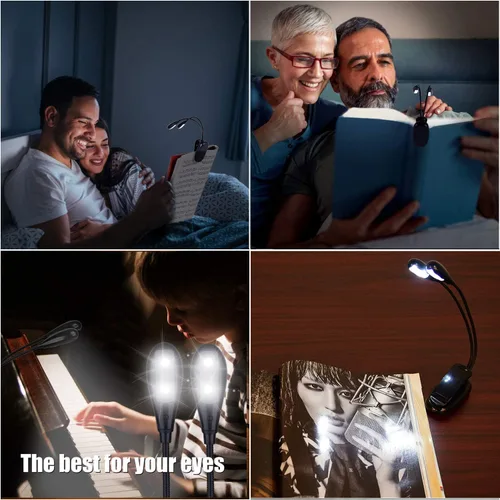 Miniatura 7 de Luz de soporte de música, paquete de 1/2/4/10 luces LED de libro, funciona con batería USB y AAA, lámpara de lectura en la cama, 4 niveles de Negro