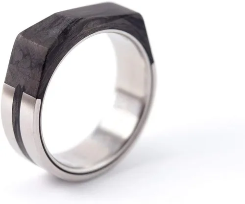 Men's titanium and carbon fiber ring. Faceted design black wedding band. Water resistant, very durable and hypoallergenic.(00329_7N)