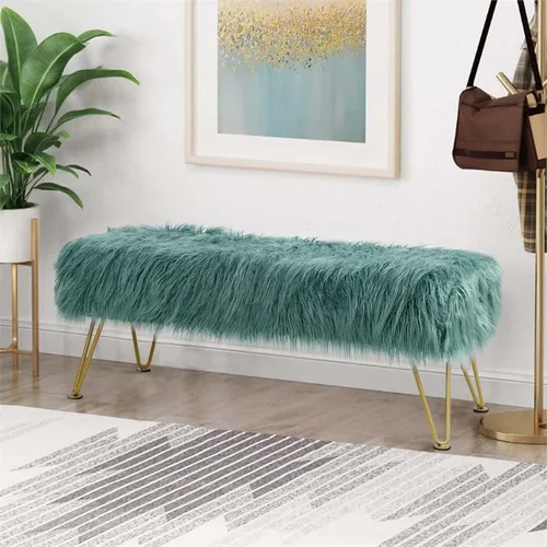 Miniatura 22 de Banco otomano de piel sintética de felpa suave azul para entrada, reposapiés peludo, 46 x 16 x 17 pulgadas, banco largo resistente para dormitorio