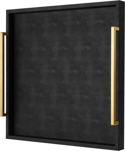 Miniatura 10 de XIGEXIGE Bandeja de servicio de piel sintética negra, 17 x 12 pulgadas, asas doradas cepilladas, bandeja decorativa para mesa de café otomana, sala