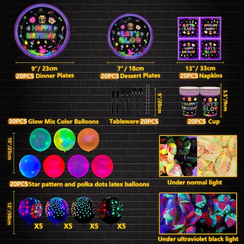 Miniatura 7 de Paquete de 247 suministros de fiesta de neón que brillan en la oscuridad, decoraciones de fiesta con luz negra, platos, pancartas de luz negra