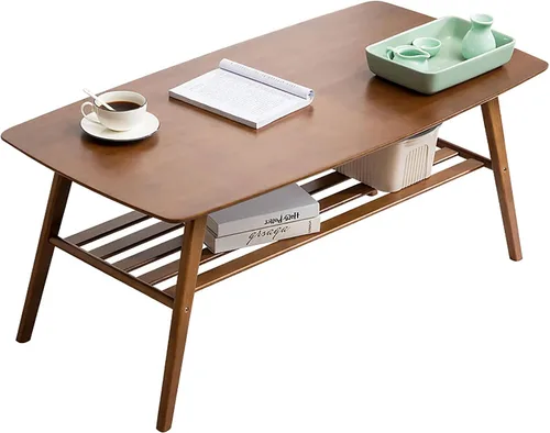 Miniatura 8 de HM&DX Mesa auxiliar de bambú, mesa auxiliar rectangular con estante abierto de almacenamiento, mesa de centro de 2 niveles, mesa central de mediados