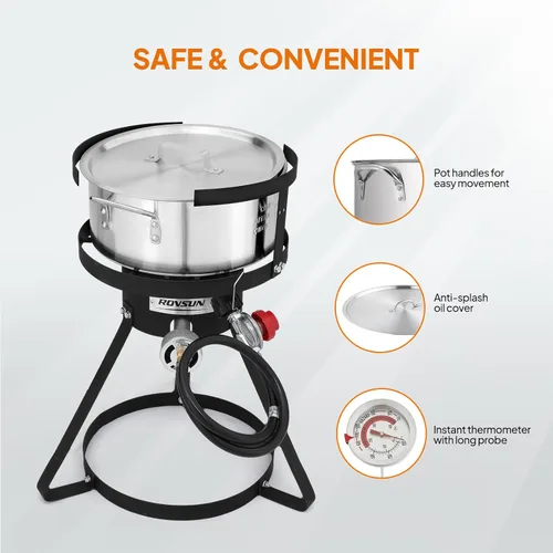 Miniatura 5 de ROVSUN olla para freidora de 10 cuartos con quemador de propano de 55,000 BTU, cesta colador de 6.7 cuartos, termómetro y tapa, olla de aluminio