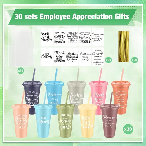 Miniatura 3 de Skylety - 30 vasos de plástico de 24 onzas con tapas, pajitas, taza de agradecimiento a granel para compañeros de trabajo, profesores, enfermeras