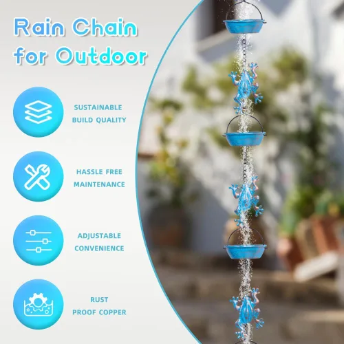 Miniatura 3 de Cadena de lluvia, cadenas de lluvia de rana de 11.4 pies con 12 tazas, cadenas de lluvia de bajante de repuesto funcionales y decorativas para rana