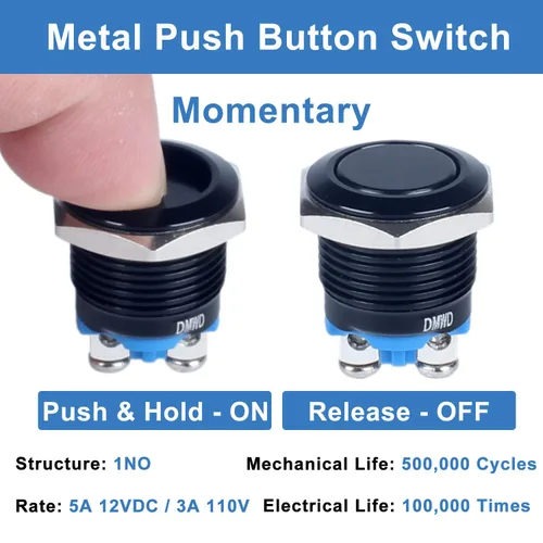 Miniatura 2 de Paquete de 2 interruptores de botón momentáneos de metal de 0.630 in, impermeables, IP66, terminales de tornillo antivandálicos de 12 V, 24 V, 36 V