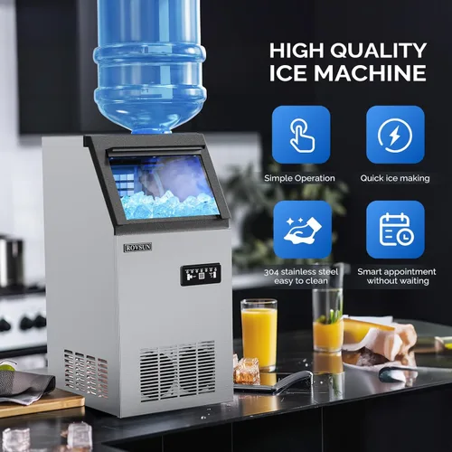Miniatura 7 de ROVSUN Máquina comercial para hacer hielo de 110 libras/24 horas con 2 entradas de agua, máquina de hielo independiente con contenedor