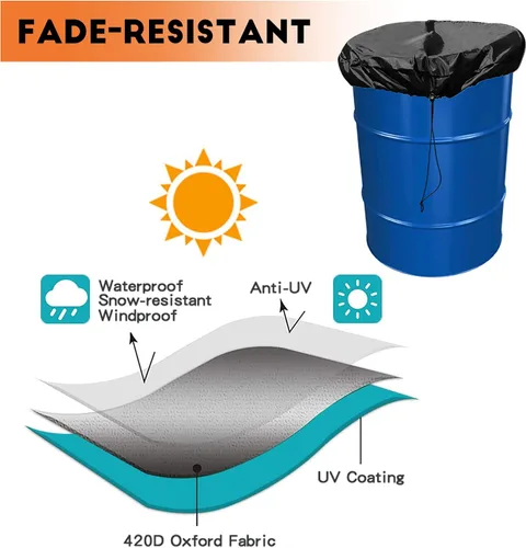 Miniatura 7 de Cubierta para tambor de 55 galones, paquete de 2 fundas elásticas ajustables con cordón, almacenamiento de agua para barril de lluvia universal