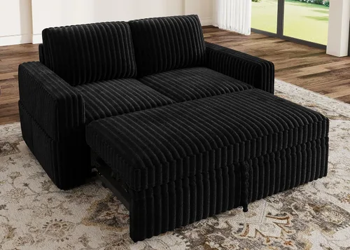 Miniatura 14 de HONBAY - Sofá seccional modular con cama desplegable, sofá en forma de L de pana con almacenamiento, sofás seccionales para sala de estar, verde