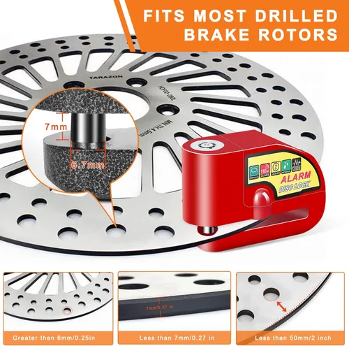 Miniatura 3 de Bloqueo de freno de disco de alarma para motocicleta, cerraduras de motocicleta, antirrobo, bloqueo de disco de seguridad, impermeable, 110 dB, Rojo