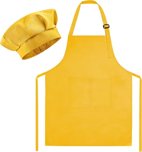 Miniatura 15 de Morcheiong Juego de gorro y delantal de chef para niños, delantal de pintura ajustable para niños y gorro de chef con 2 bolsillos para cocinar