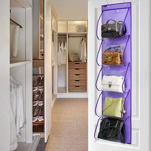 Miniatura 7 de Organizador de bolsos para colgar sobre la puerta con 5 bolsillos de fácil acceso, organizador de almacenamiento para toallas, bufandas, paraguas