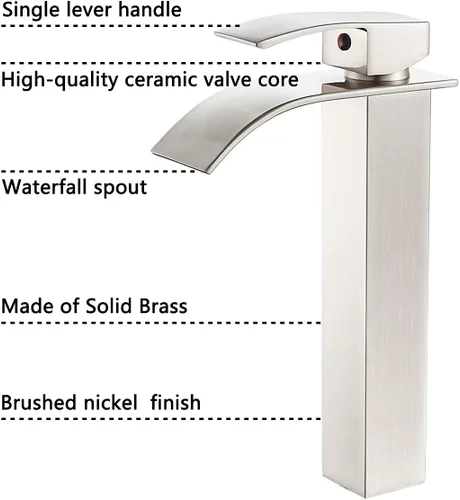 Miniatura 3 de VOTON - Grifo de fregadero de níquel cepillado moderno alto con cascada para fregadero de baño, con desagüe desplegable, grifo de baño de una sola