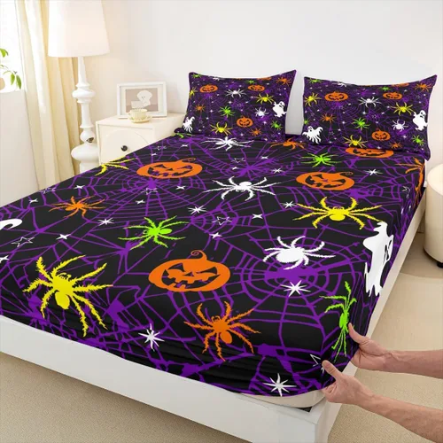 Miniatura 20 de Sábana bajera ajustable de fantasma de Halloween, tamaño individual, sábana de bruja de calabaza de caramelo de dibujos animados, juego de ropa