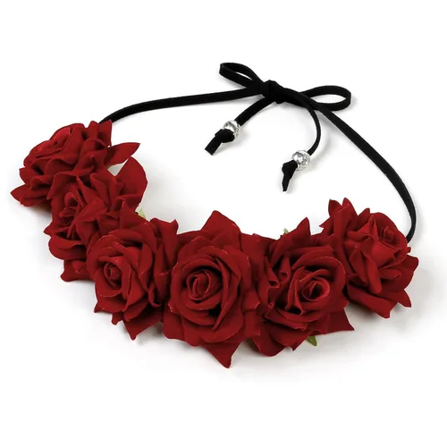 Miniatura 9 de WOVOWOVO Diademas florales de corona de rosas oscuras para mujer, diadema de rosas falsas rojas para festivales, Halloween, cosplay, disfraces